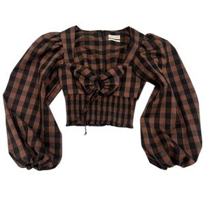 Urban Outfitters Y2K 90s Gingham Plaid Puff Sleeve Brown & Black Crop Top